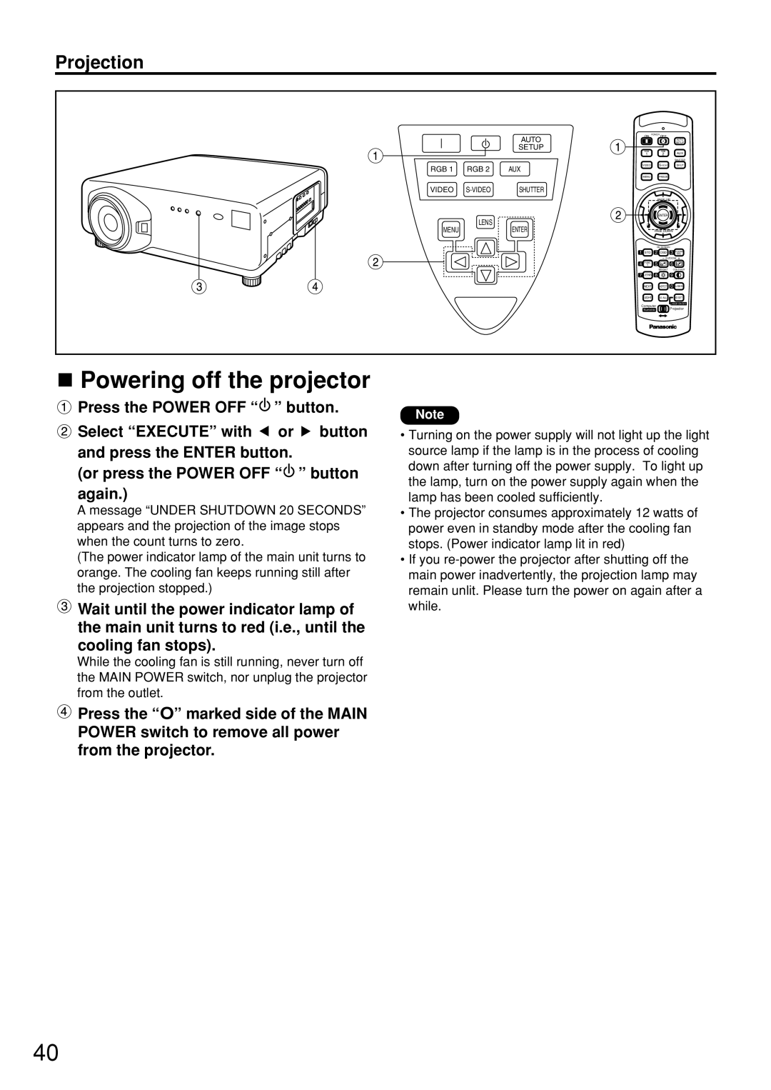 Panasonic PT-D7600U operating instructions Powering off the projector, Projection 