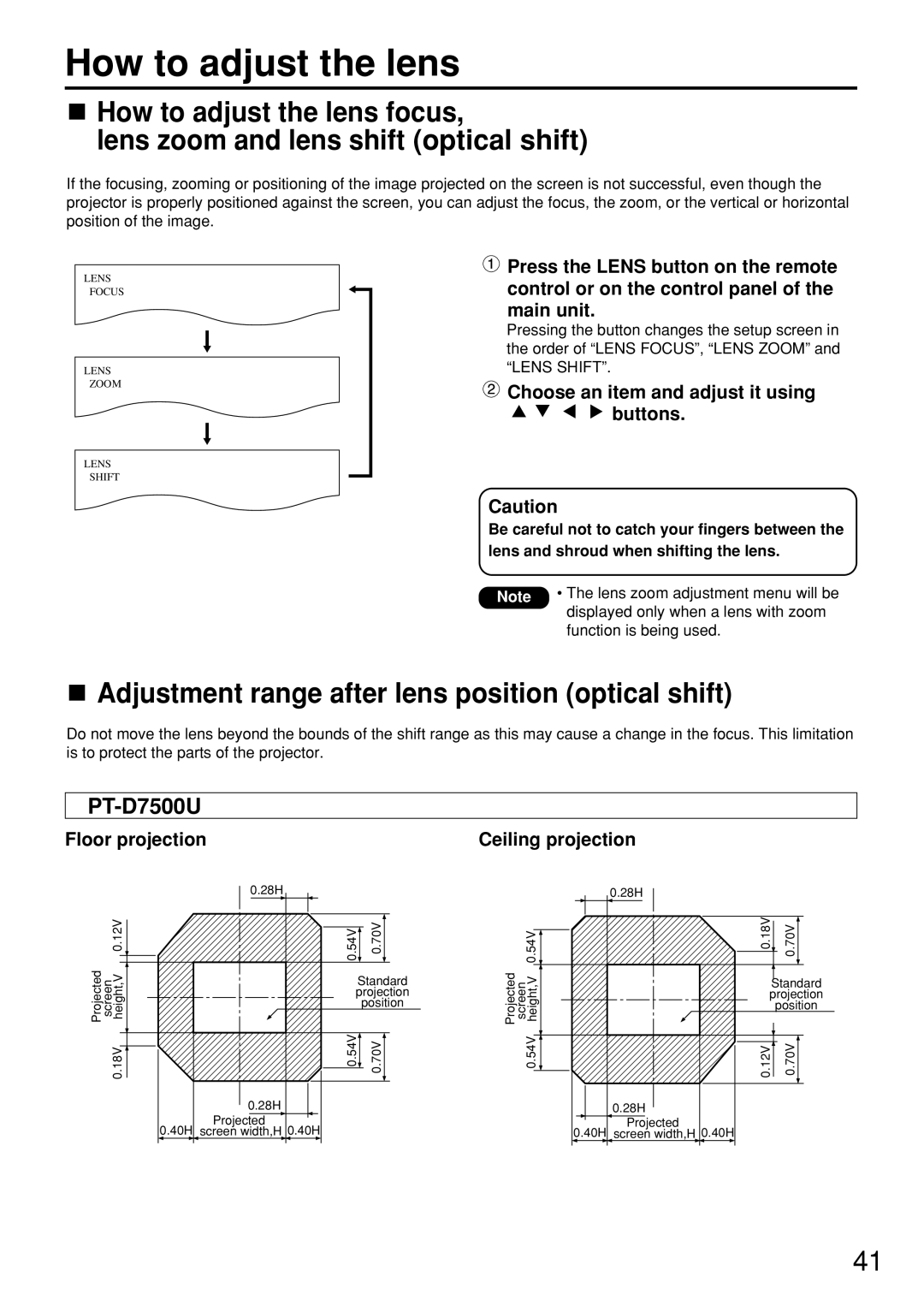 Panasonic PT-D7600U How to adjust the lens, Adjustment range after lens position optical shift, Floor projection 