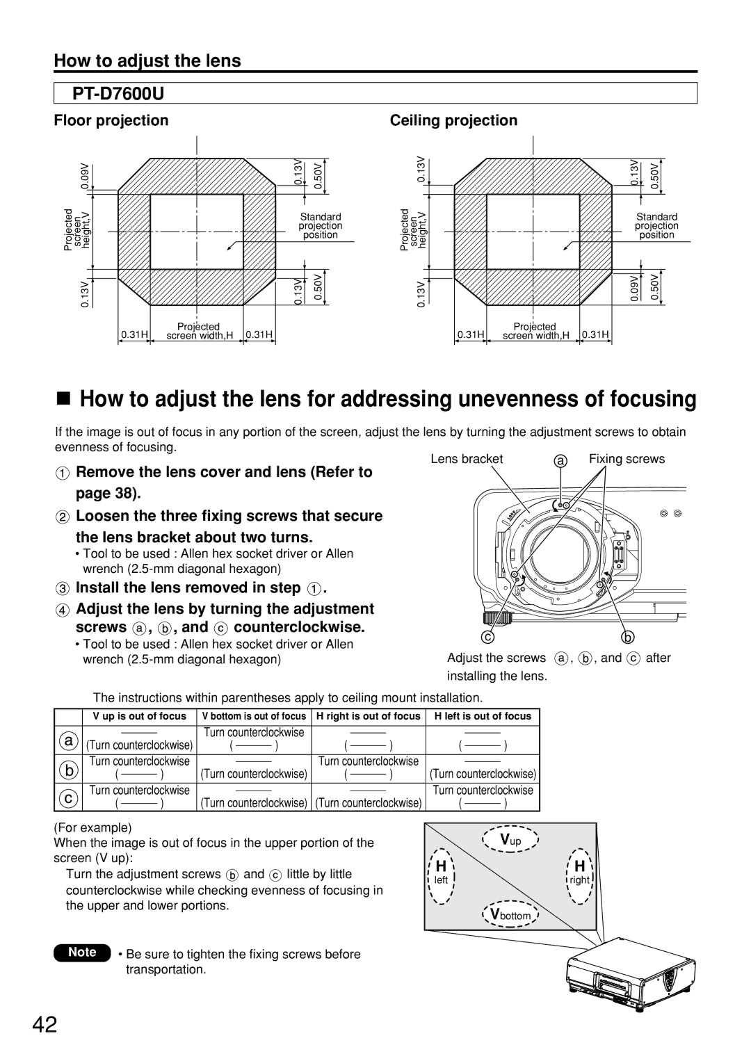 Panasonic PT-D7600U Floor projection Ceiling projection, Be sure to tighten the fixing screws before, Transportation 