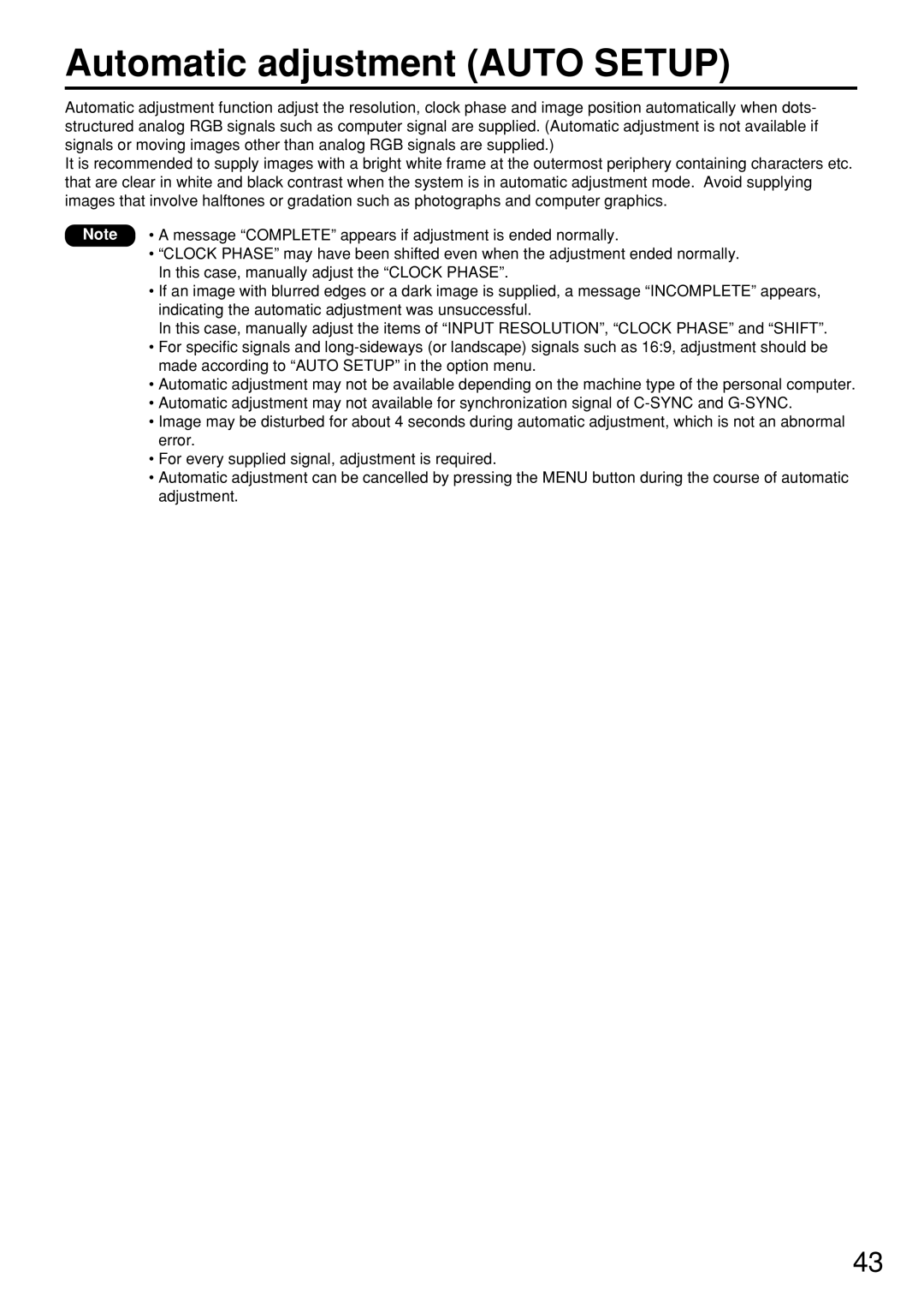 Panasonic PT-D7600U operating instructions Automatic adjustment Auto Setup 