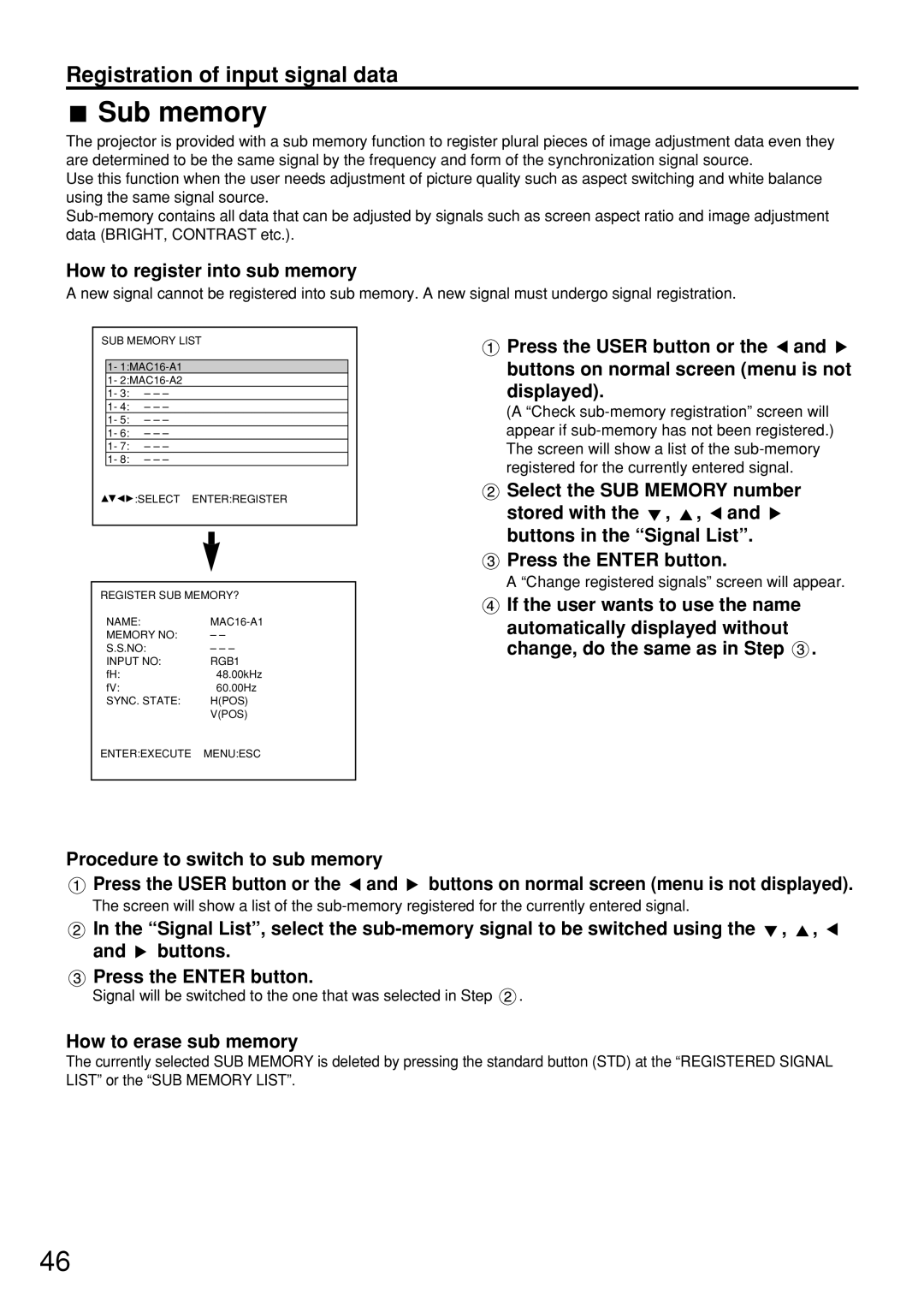 Panasonic PT-D7600U operating instructions Sub memory, How to register into sub memory, How to erase sub memory 