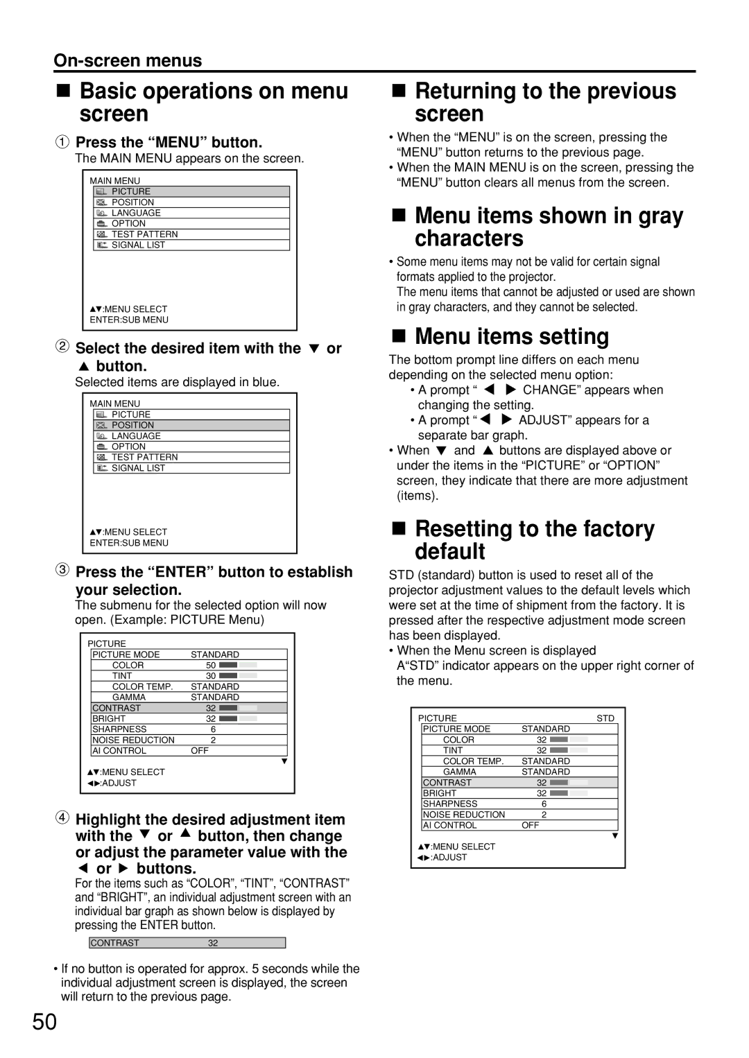 Panasonic PT-D7600U Basic operations on menu screen, Returning to the previous screen, Menu items shown in gray characters 