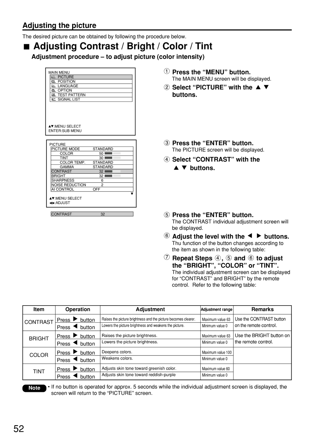 Panasonic PT-D7600U Adjusting Contrast / Bright / Color / Tint, Adjustment procedure to adjust picture color intensity 