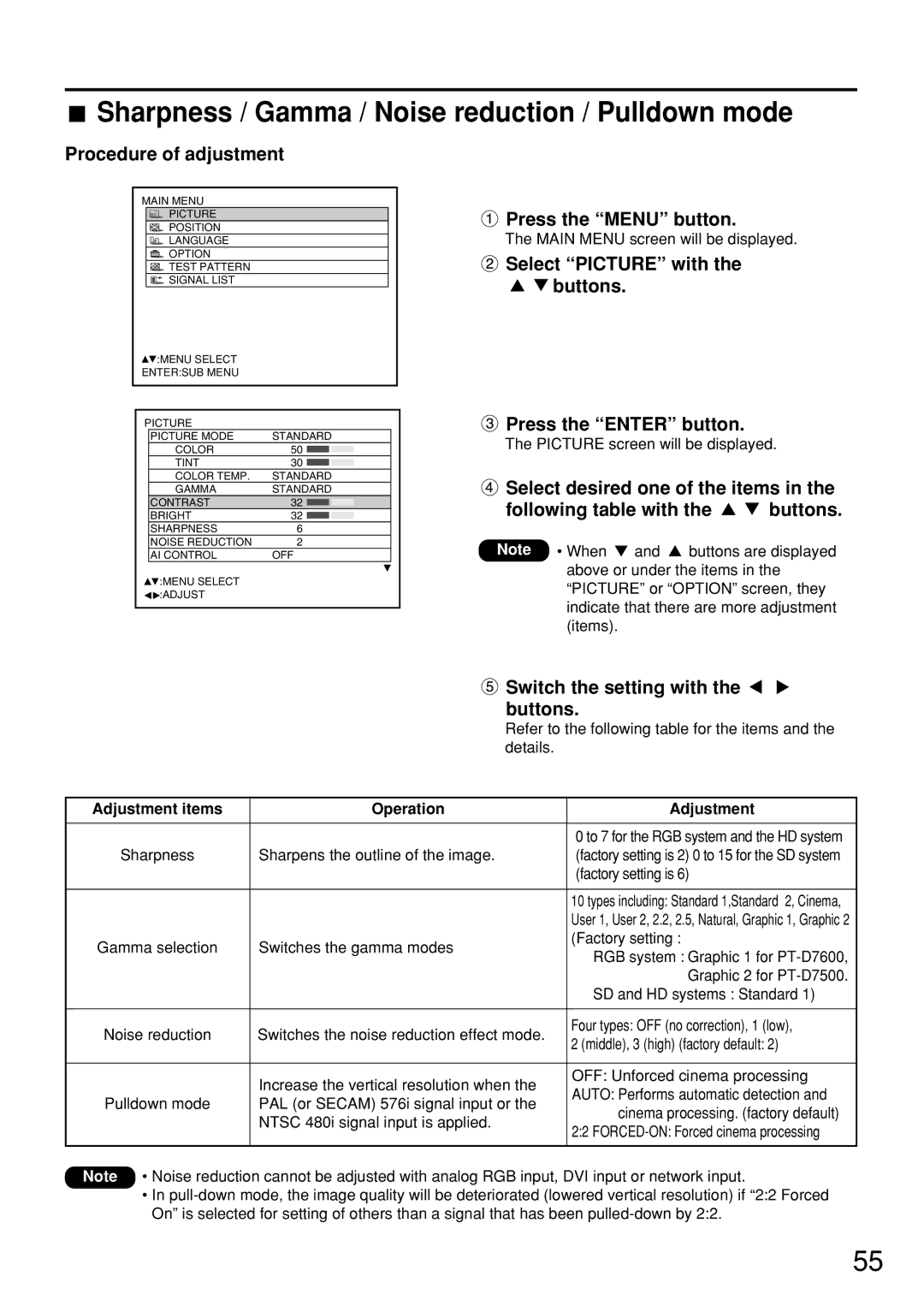 Panasonic PT-D7600U Sharpness / Gamma / Noise reduction / Pulldown mode, Select Picture with the buttons 