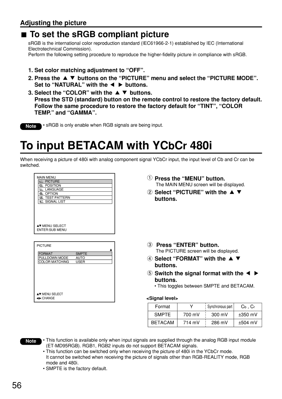 Panasonic PT-D7600U To input Betacam with YCbCr, To set the sRGB compliant picture, Signal level, Smpte 