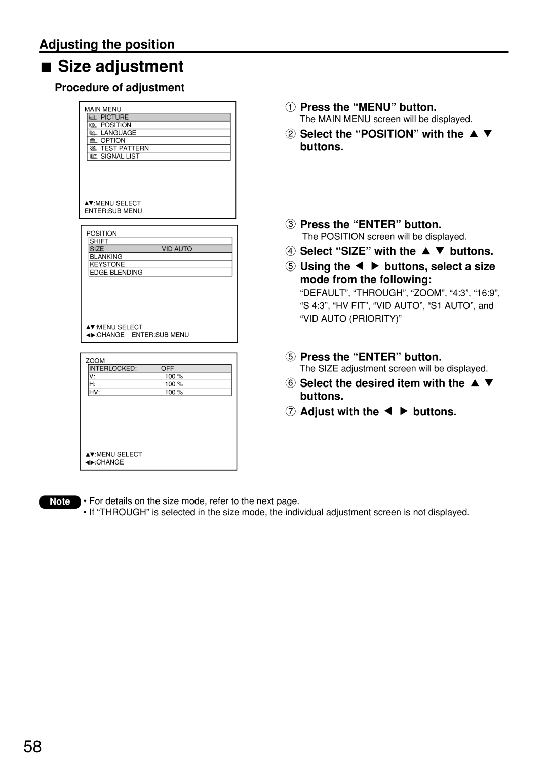 Panasonic PT-D7600U operating instructions Size adjustment screen will be displayed 