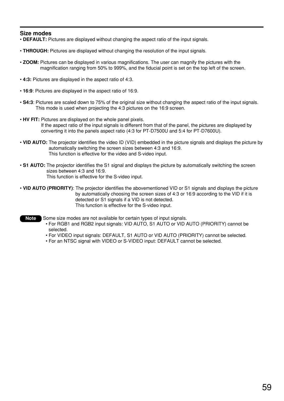 Panasonic PT-D7600U operating instructions Size modes 