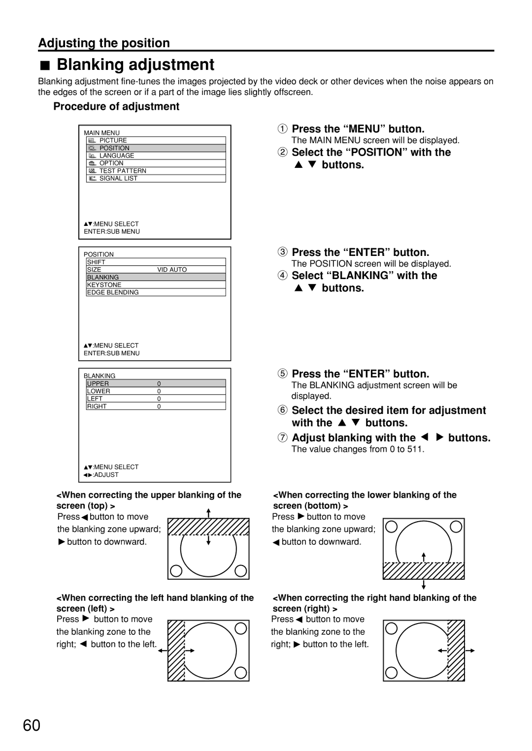 Panasonic PT-D7600U operating instructions Blanking adjustment, Select Blanking with the buttons Press the Enter button 