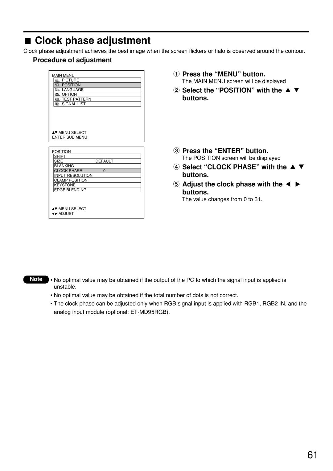 Panasonic PT-D7600U operating instructions Clock phase adjustment 