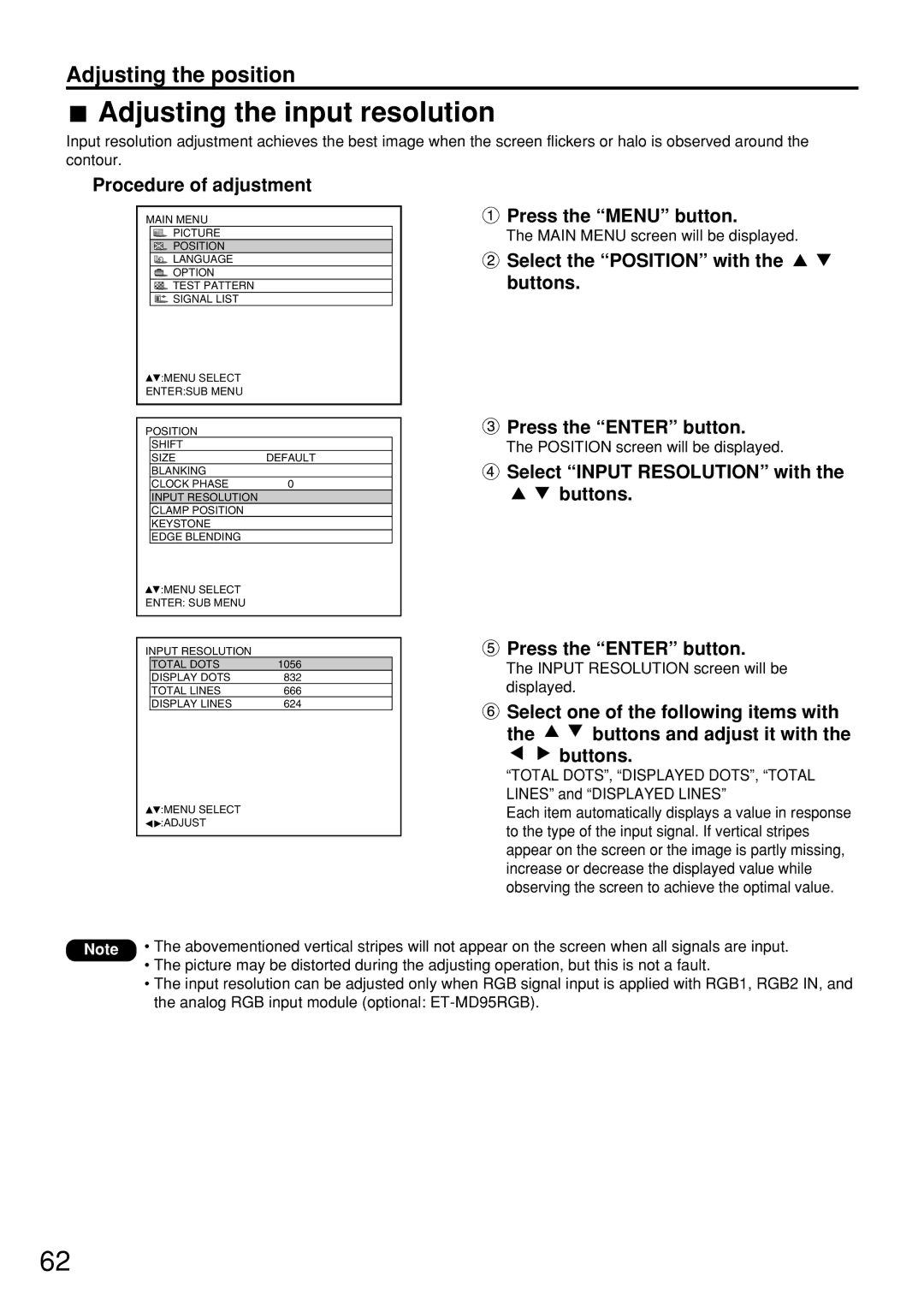 Panasonic PT-D7600U operating instructions Adjusting the input resolution, Input Resolution screen will be displayed 