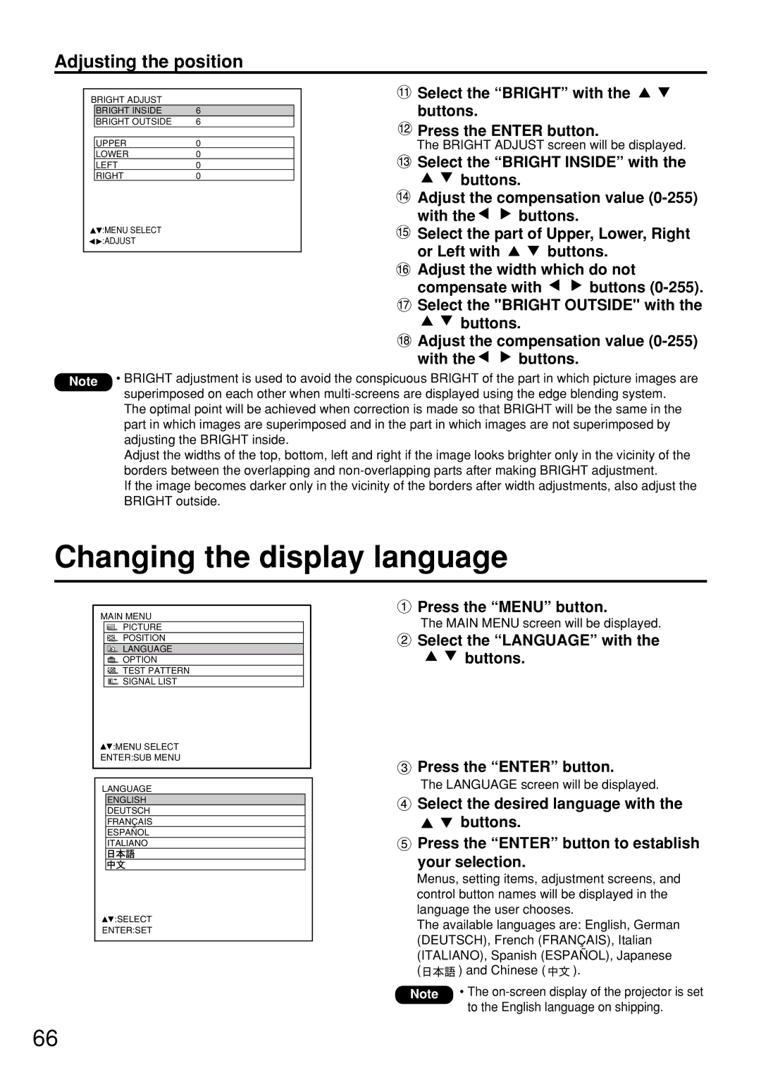 Panasonic PT-D7600U Changing the display language, Select the Bright with the buttons Press the Enter button 