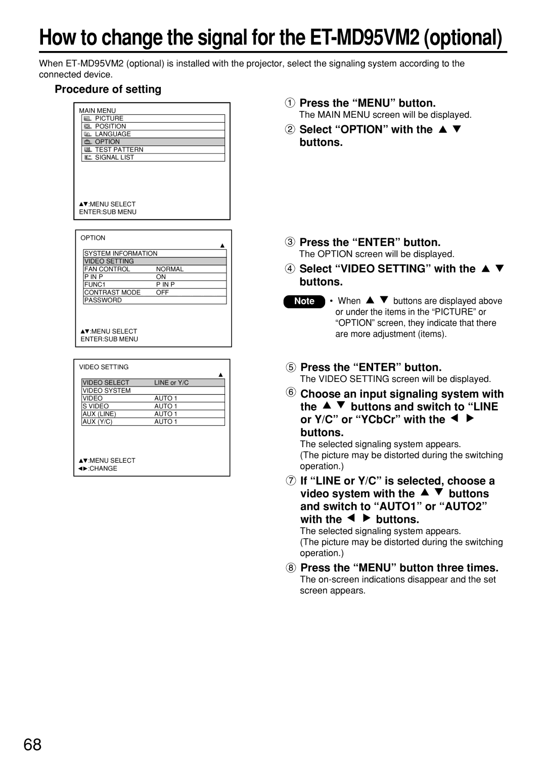 Panasonic PT-D7600U operating instructions Procedure of setting, Select Option with the buttons Press the Enter button 