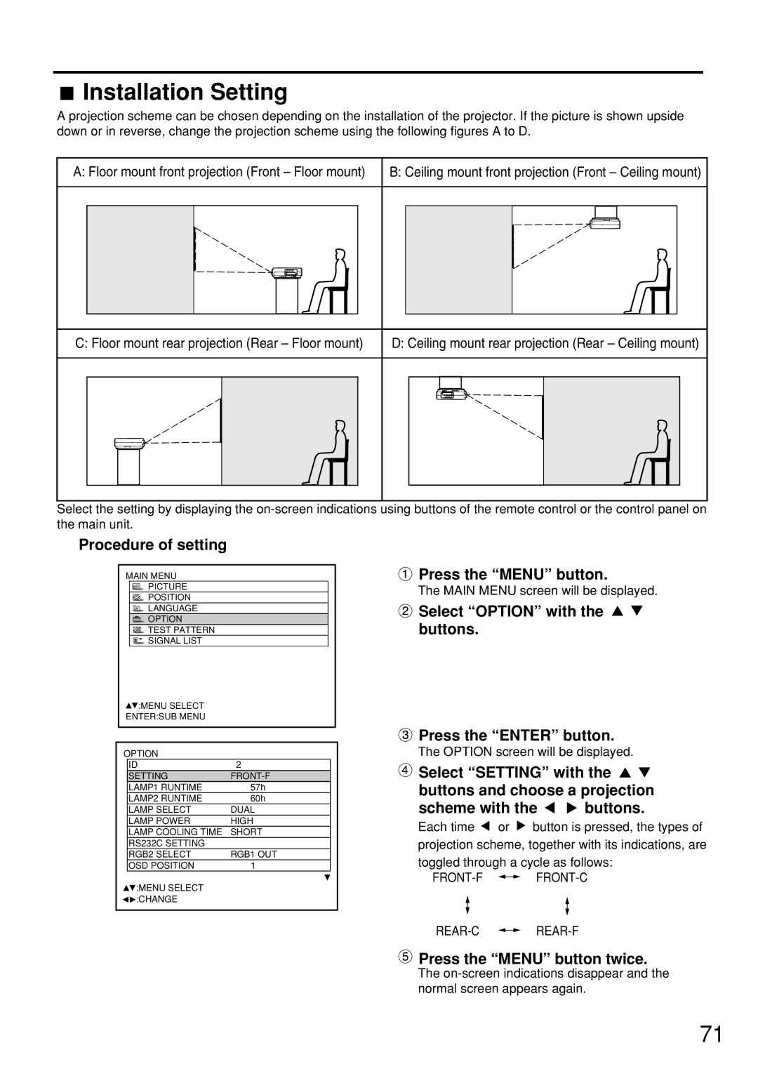 Panasonic PT-D7600U operating instructions Installation Setting, Front-F Front-C Rear-C Rear-F 