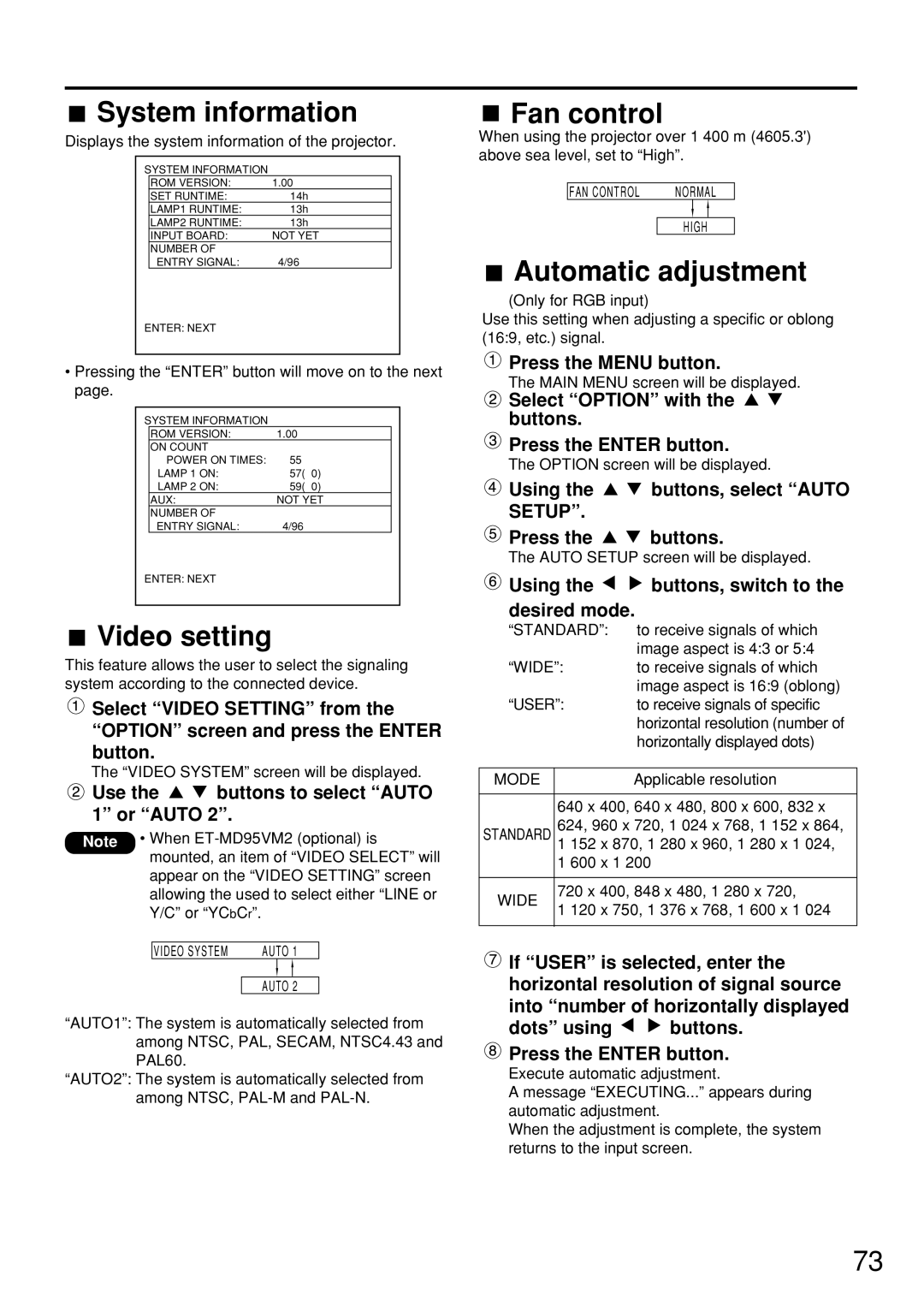 Panasonic PT-D7600U operating instructions System information, Video setting, Fan control, Automatic adjustment 