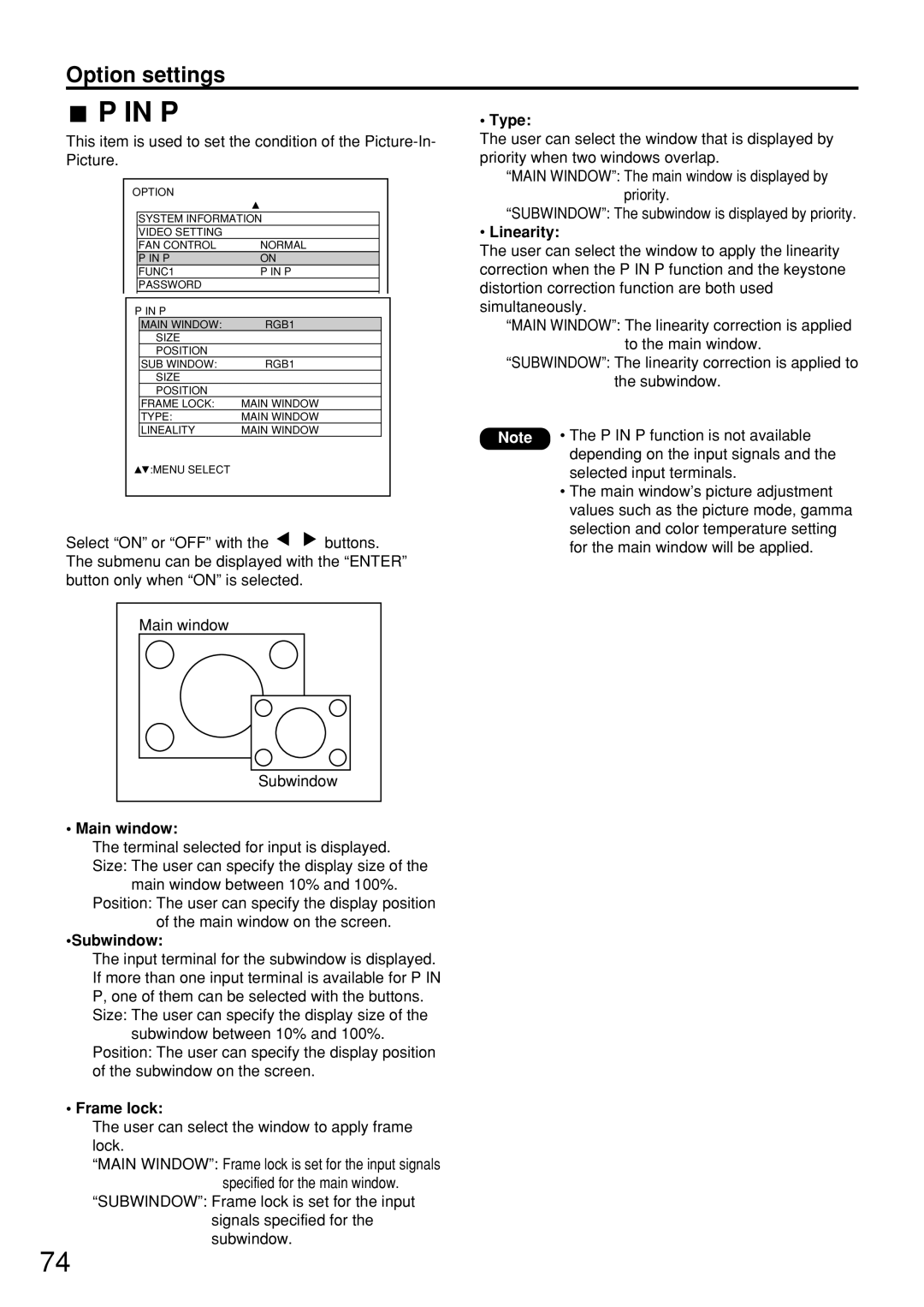 Panasonic PT-D7600U operating instructions Main window, Subwindow, Frame lock, Type, Linearity 