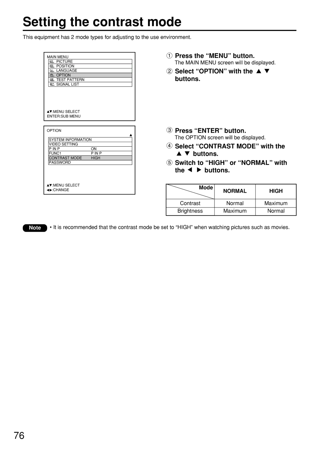 Panasonic PT-D7600U Setting the contrast mode, Select Option with the buttons Press Enter button, Mode 