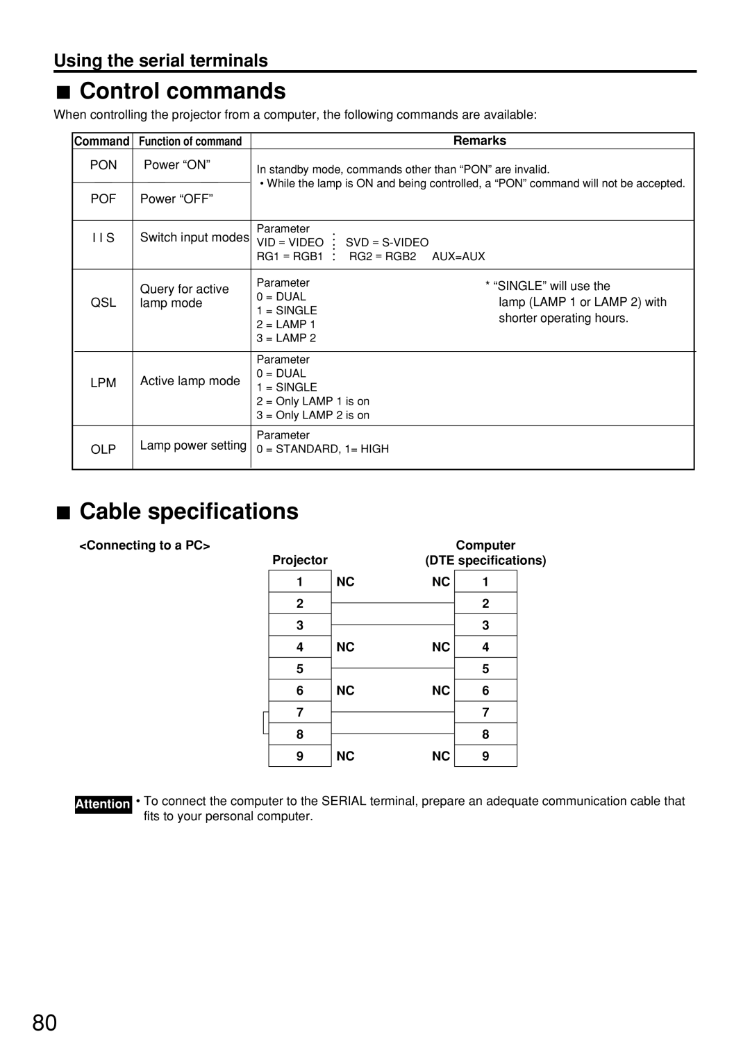 Panasonic PT-D7600U Control commands, Cable specifications, Connecting to a PC Computer Projector DTE specifications 