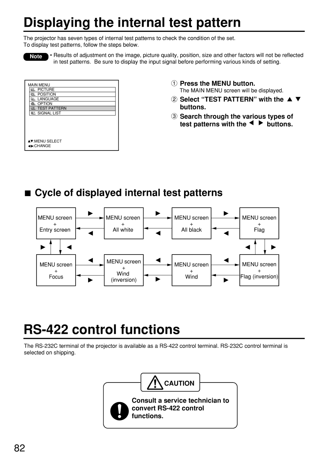 Panasonic PT-D7600U operating instructions Displaying the internal test pattern, RS-422 control functions 