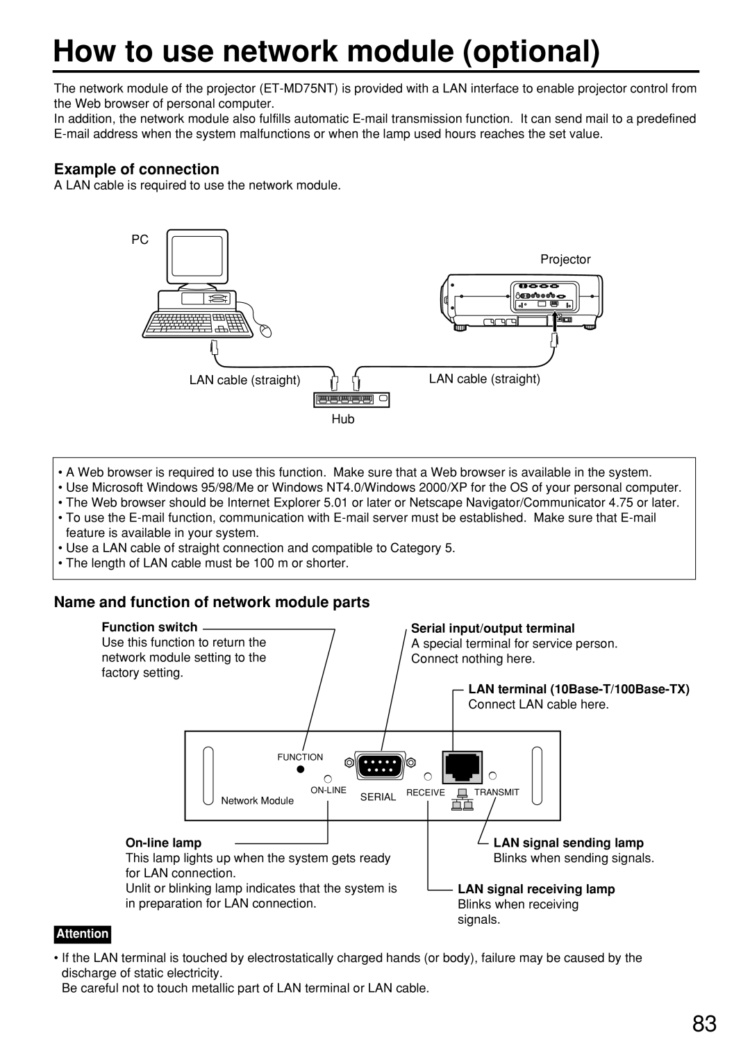 Panasonic PT-D7600U How to use network module optional, Example of connection, Name and function of network module parts 