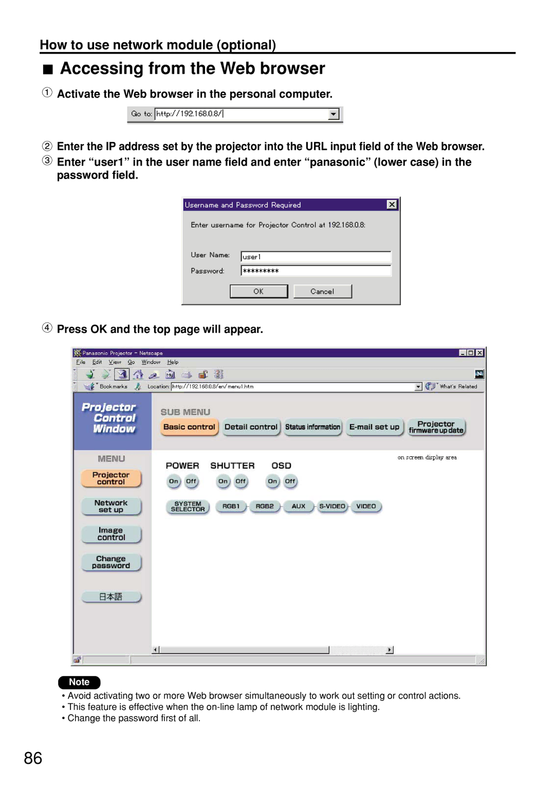 Panasonic PT-D7600U operating instructions Accessing from the Web browser 