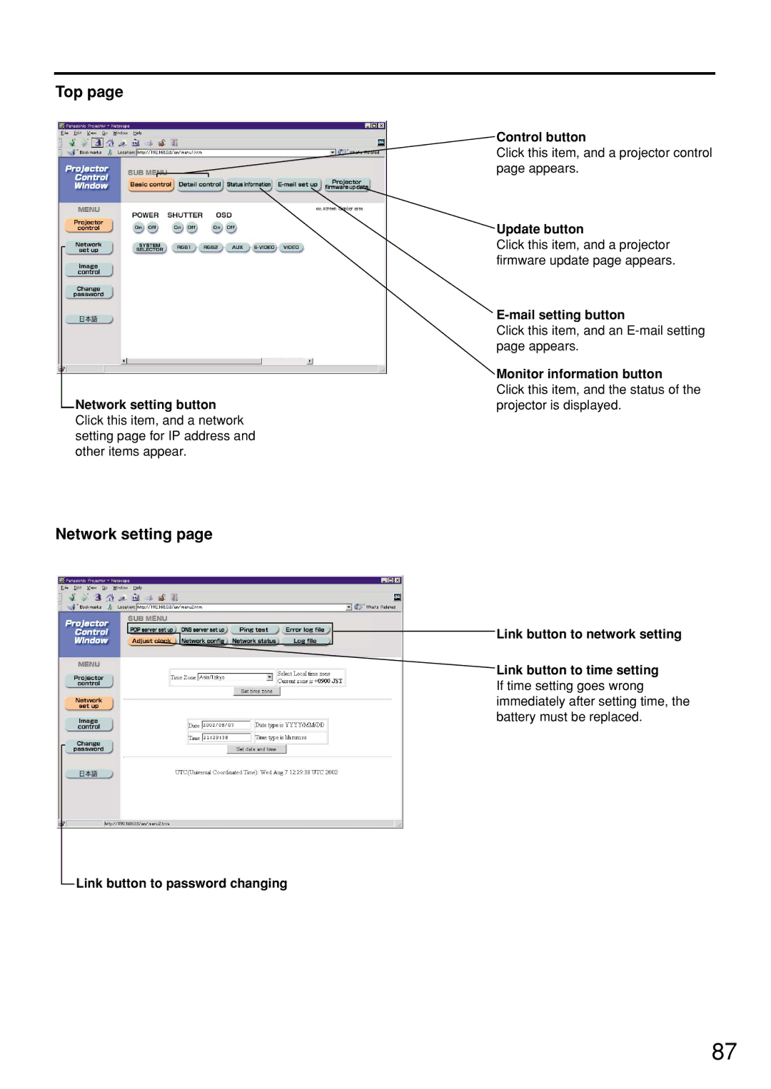 Panasonic PT-D7600U operating instructions Top, Network setting 