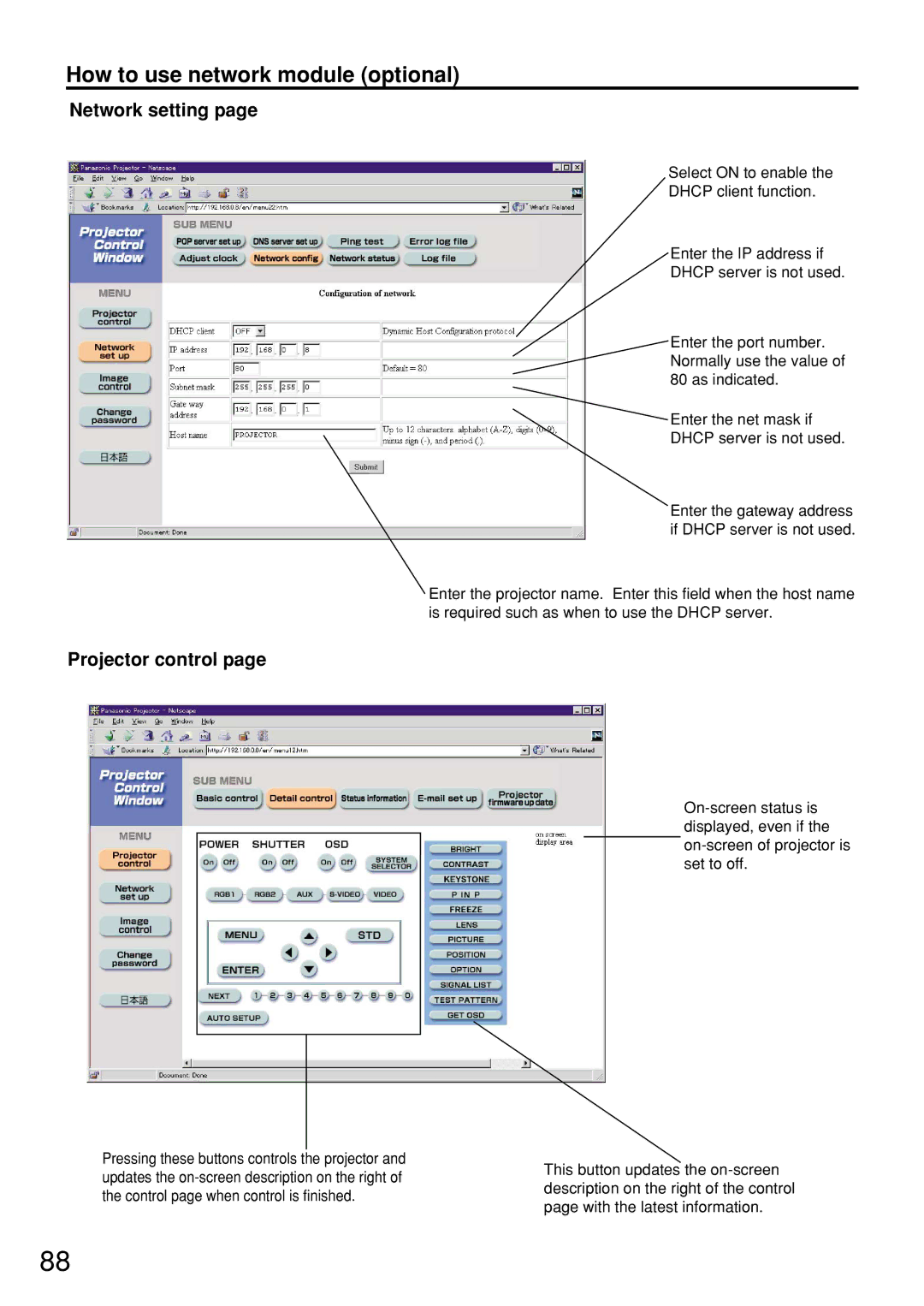 Panasonic PT-D7600U operating instructions Network setting Projector control 