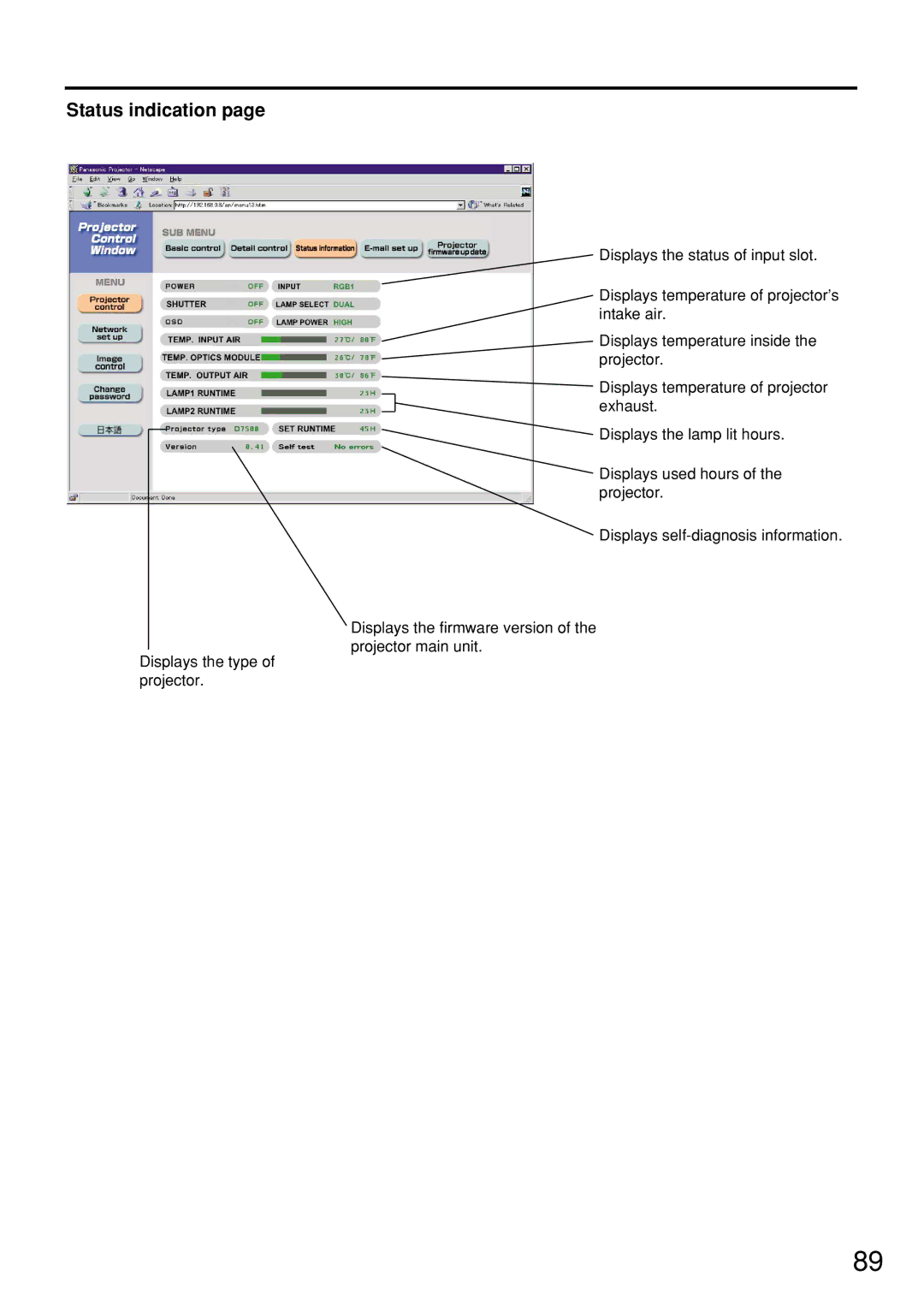 Panasonic PT-D7600U operating instructions Status indication 