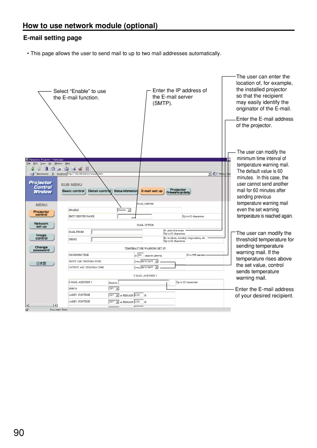 Panasonic PT-D7600U operating instructions Mail setting, Smtp 