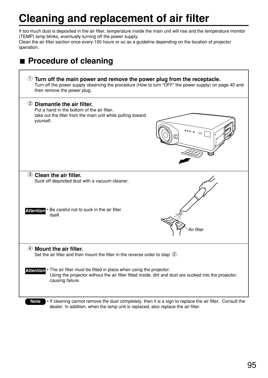 Panasonic PT-D7600U Cleaning and replacement of air filter, Procedure of cleaning, Dismantle the air filter 