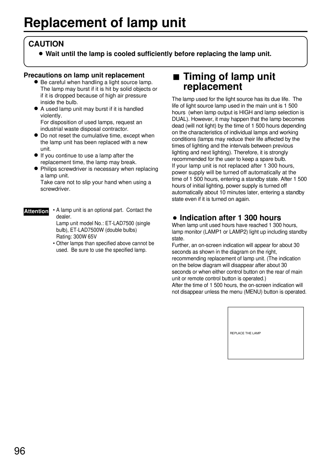 Panasonic PT-D7600U operating instructions Replacement of lamp unit, Timing of lamp unit replacement 