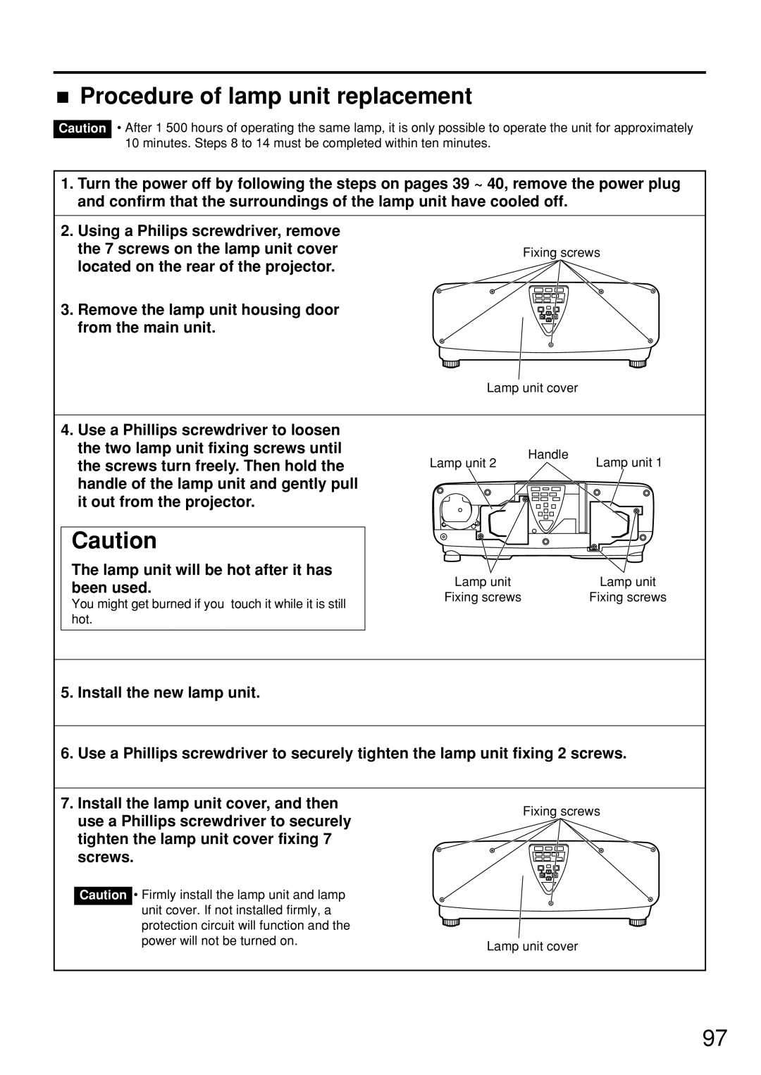 Panasonic PT-D7600U operating instructions Procedure of lamp unit replacement, Fixing screws Lamp unit cover 