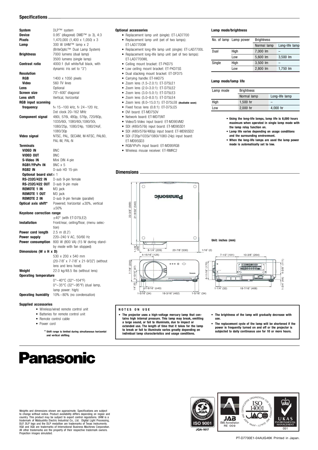 Panasonic PT-D7700E-K manual Specifications, Dimensions 