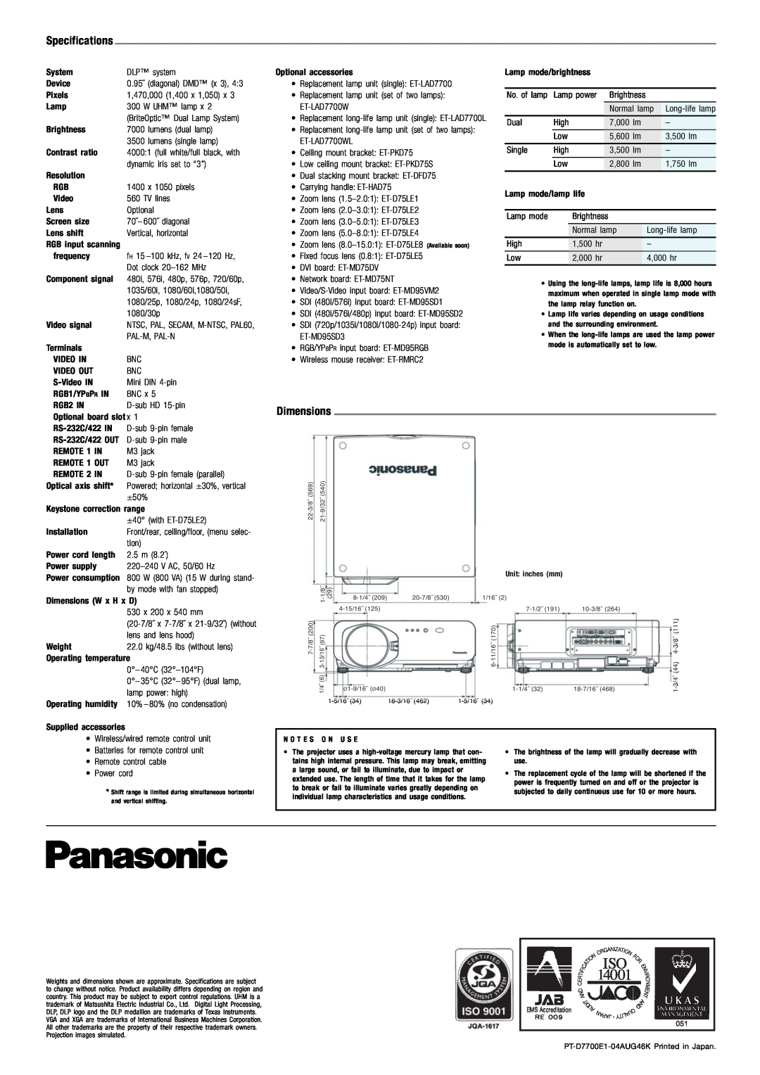 Panasonic PT-D7700E-K manual Specifications, Dimensions 