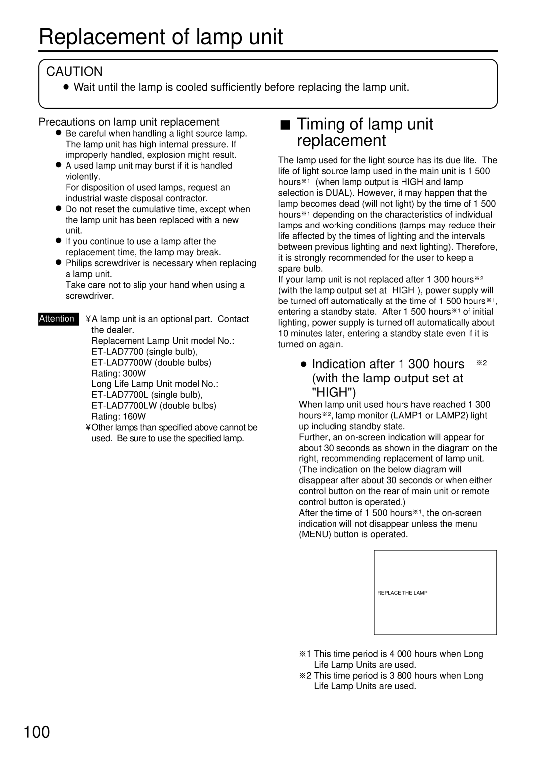 Panasonic PT-D7700U, PT-DW7000U manual Replacement of lamp unit, Timing of lamp unit replacement 