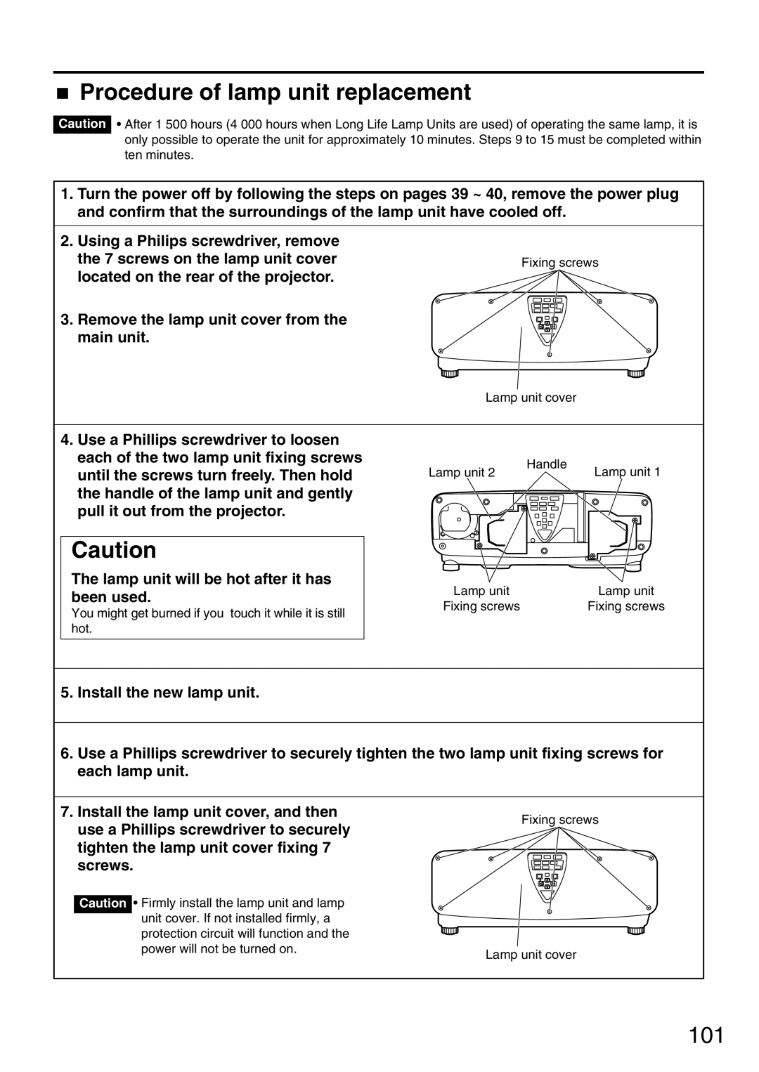 Panasonic PT-DW7000U, PT-D7700U manual Procedure of lamp unit replacement, 101 