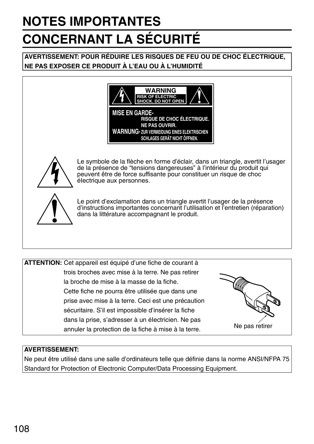 Panasonic PT-D7700U, PT-DW7000U manual Concernant LA Sécurité 