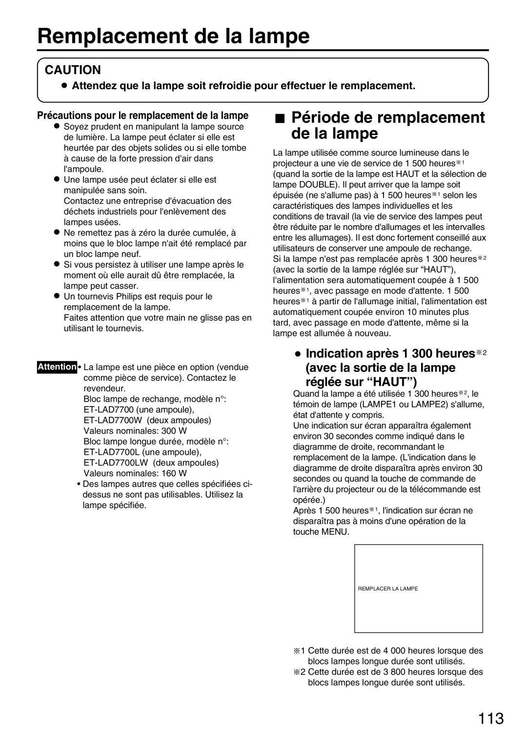 Panasonic PT-DW7000U, PT-D7700U manual Remplacement de la lampe, Période de remplacement de la lampe 