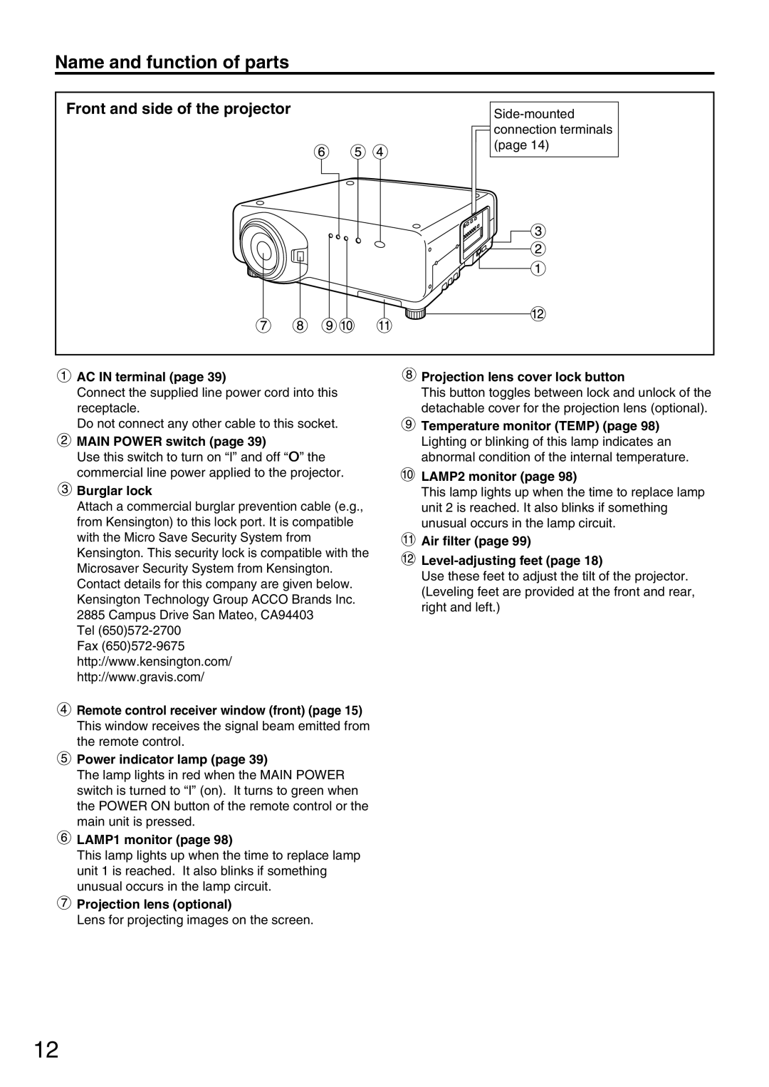 Panasonic PT-D7700U, PT-DW7000U manual Front and side of the projector 