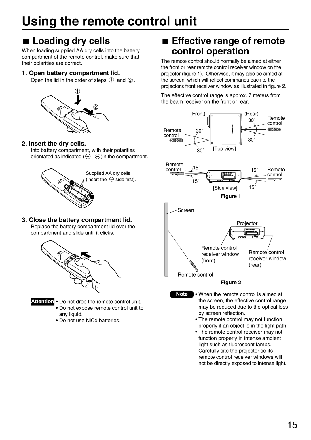 Panasonic PT-DW7000U manual Using the remote control unit, Loading dry cells, Effective range of remote control operation 