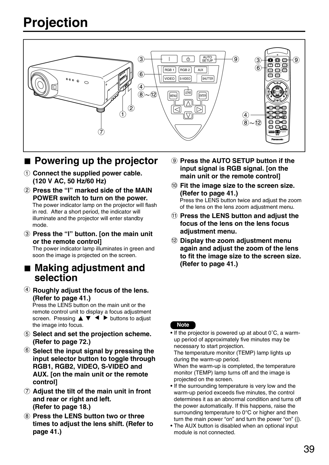 Panasonic PT-DW7000U, PT-D7700U manual Projection, Powering up the projector, Making adjustment and selection 