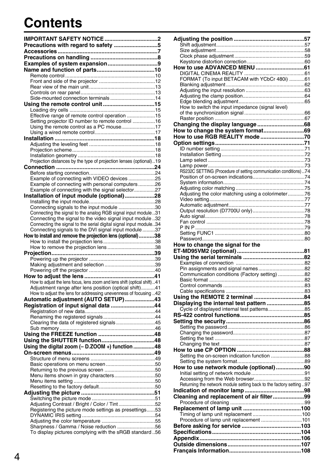 Panasonic PT-D7700U, PT-DW7000U manual Contents 