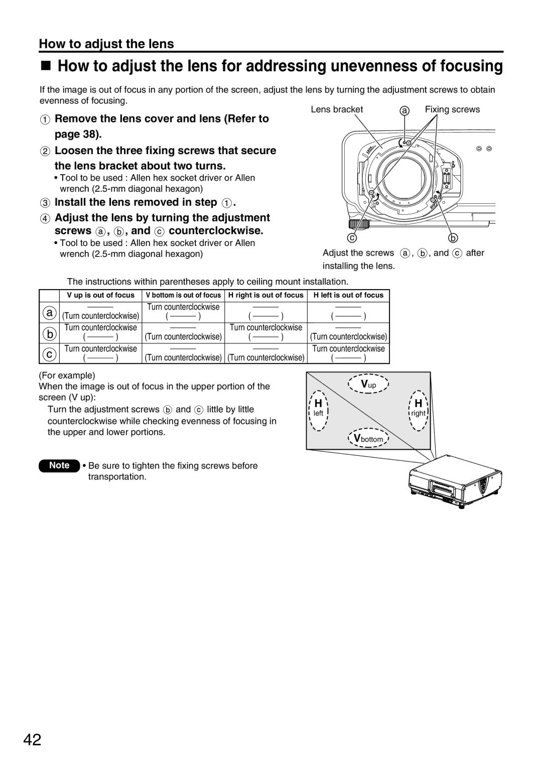 Panasonic PT-D7700U, PT-DW7000U manual How to adjust the lens for addressing unevenness of focusing 