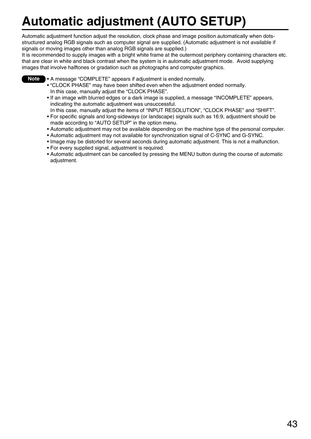 Panasonic PT-DW7000U, PT-D7700U manual Automatic adjustment Auto Setup 