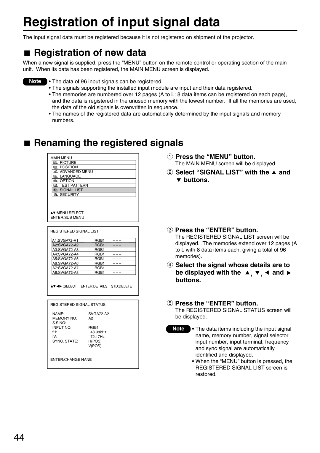 Panasonic PT-D7700U manual Registration of input signal data, Registration of new data, Renaming the registered signals 