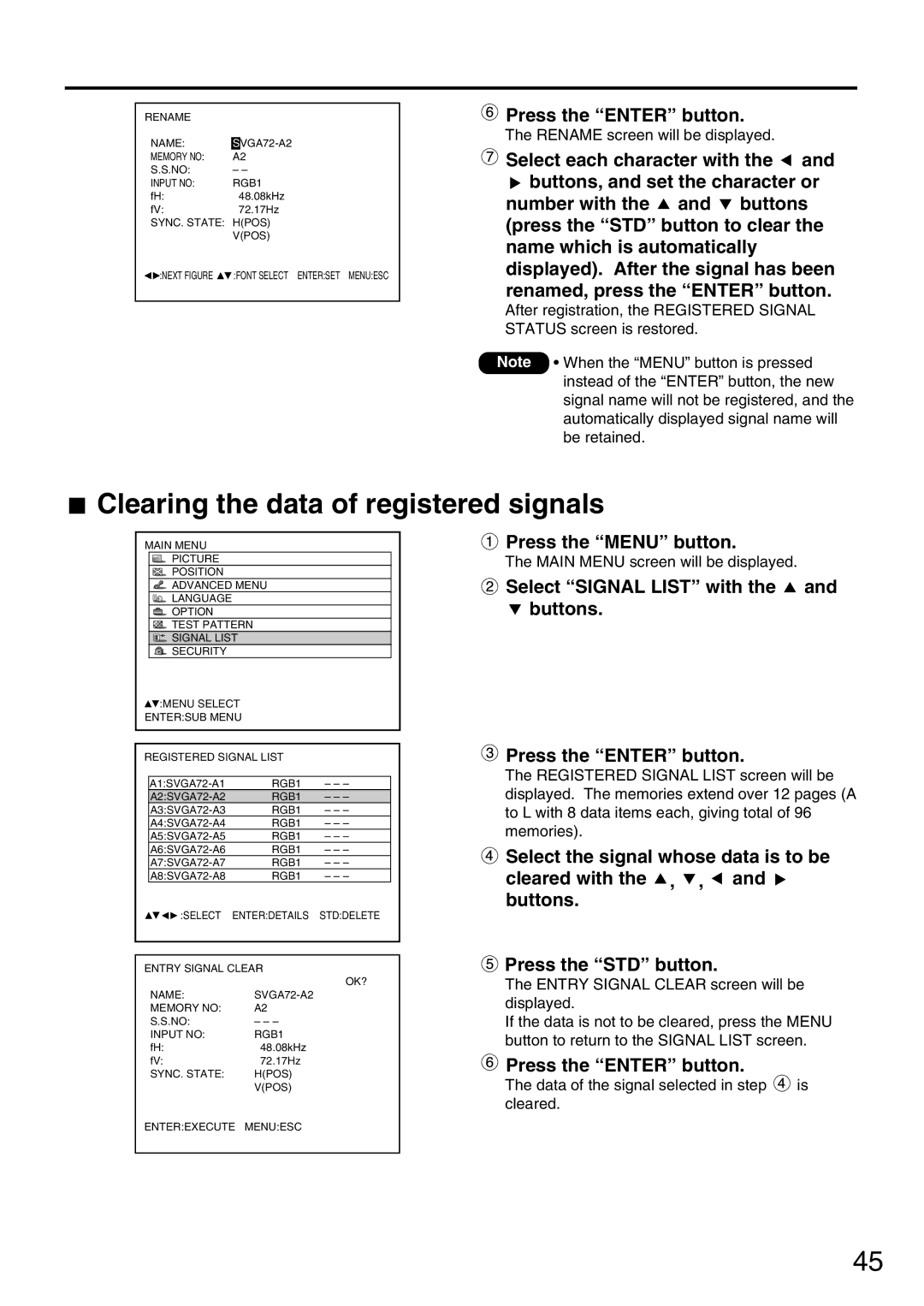 Panasonic PT-DW7000U, PT-D7700U manual Clearing the data of registered signals 