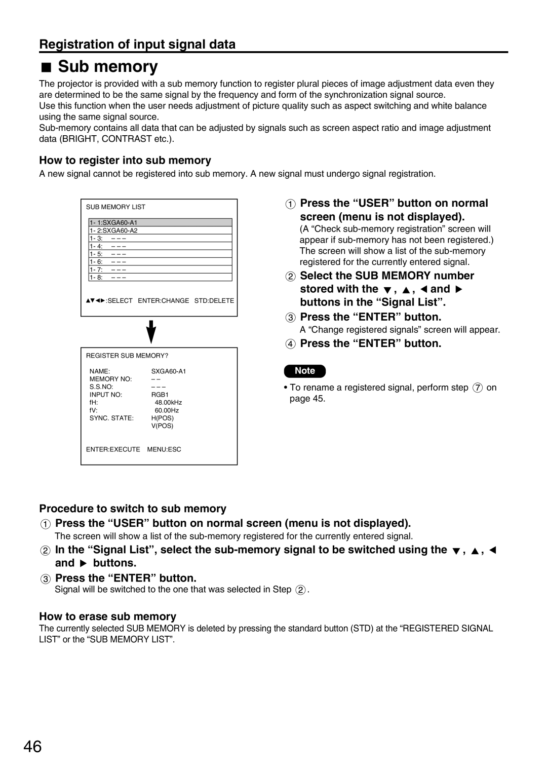 Panasonic PT-D7700U, PT-DW7000U manual Sub memory, How to register into sub memory, How to erase sub memory 