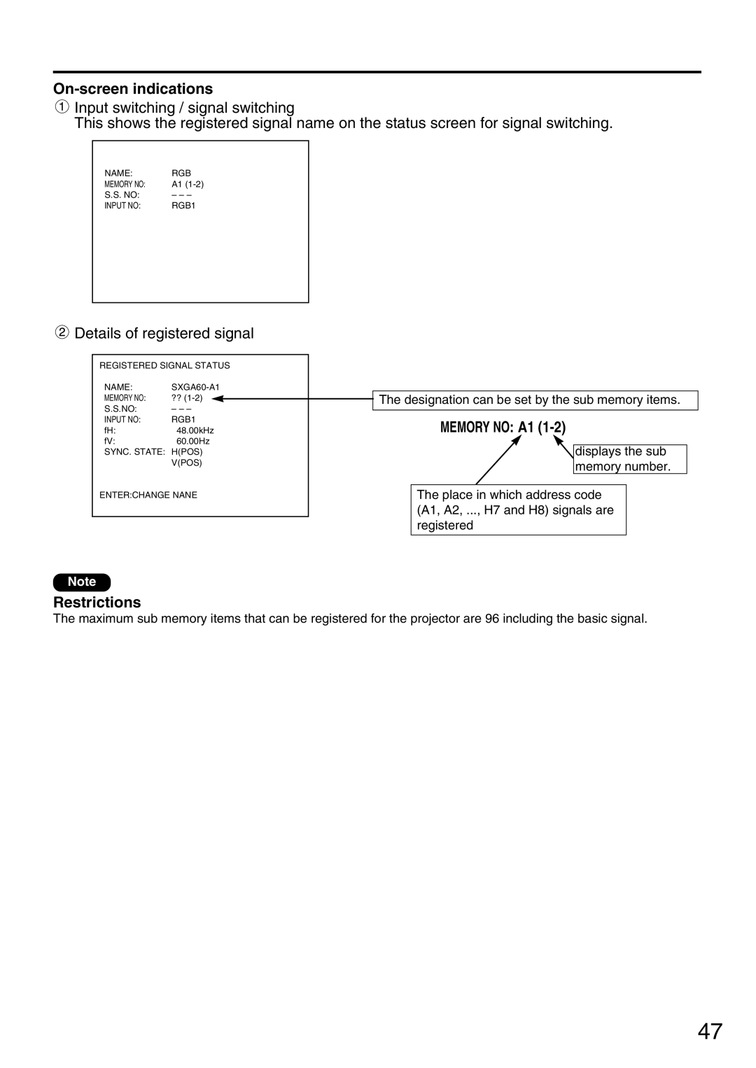 Panasonic PT-DW7000U, PT-D7700U manual On-screen indications, Memory no A1, Restrictions 