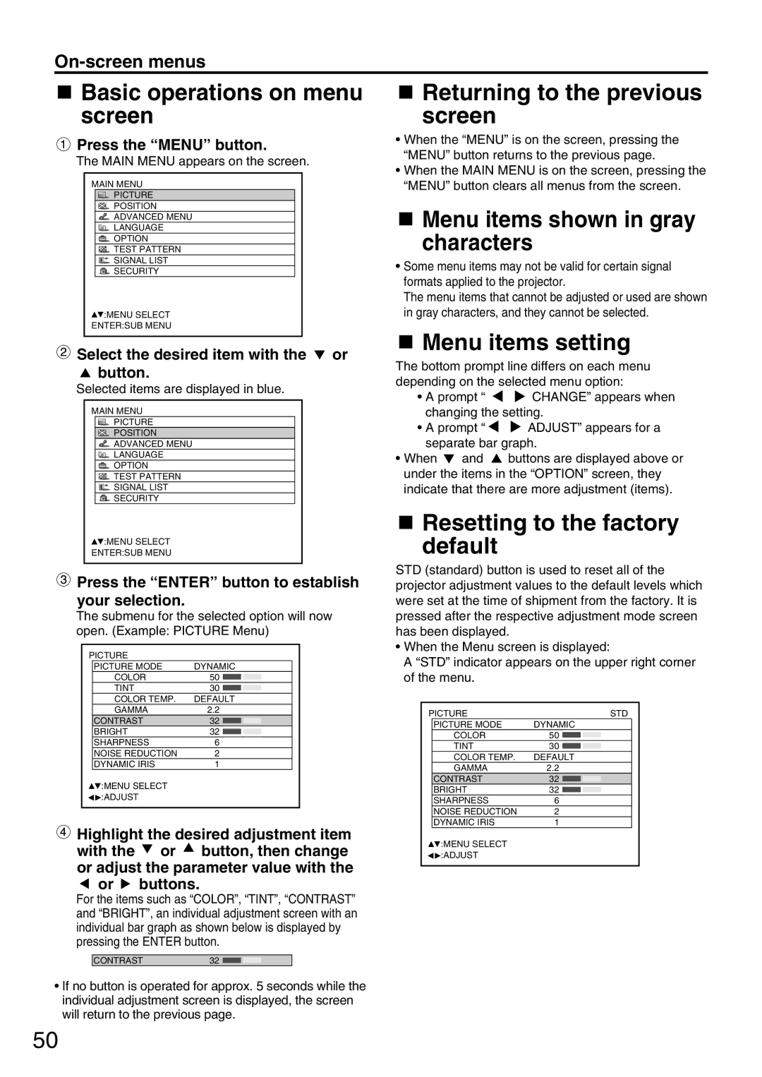 Panasonic PT-D7700U Basic operations on menu screen, Returning to the previous screen, Menu items shown in gray characters 