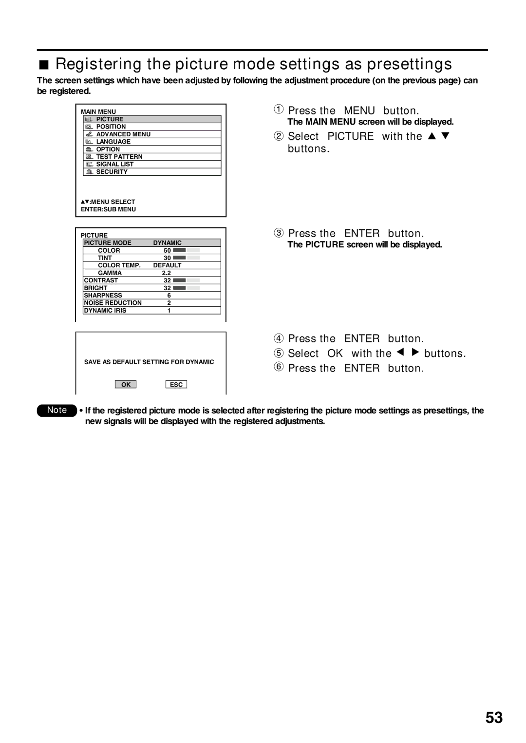 Panasonic PT-DW7000U, PT-D7700U manual Registering the picture mode settings as presettings, Select Picture with 