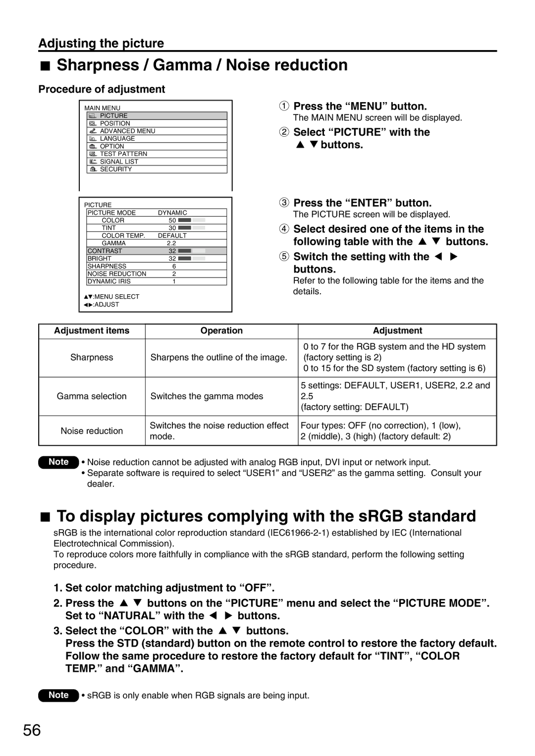 Panasonic PT-D7700U, PT-DW7000U Sharpness / Gamma / Noise reduction, To display pictures complying with the sRGB standard 